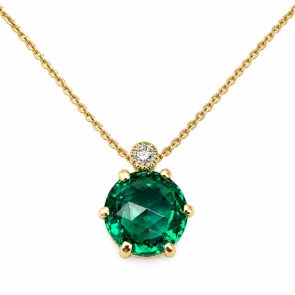 Round Emerald and Diamond Pendant Necklace 14k Solid Gold, Dainty Layering Minimalist Emerald Green Stacking Pendant Necklace May Birthstone