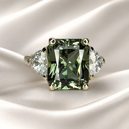 Olive Green Sapphire Ring - Radiant Cut Three Stone Engagement Ring 14k Solid Gold