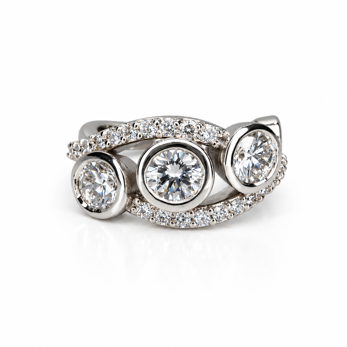 Three Stone Diamond Ring, Bezel Set Lab Grown Diamond Ring,  Modern Diamond Band #8924
