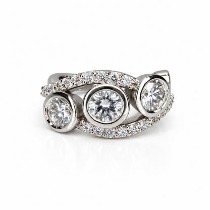 Three Stone Diamond Ring, Bezel Set Lab Grown Diamond Ring,  Modern Diamond Band #8924
