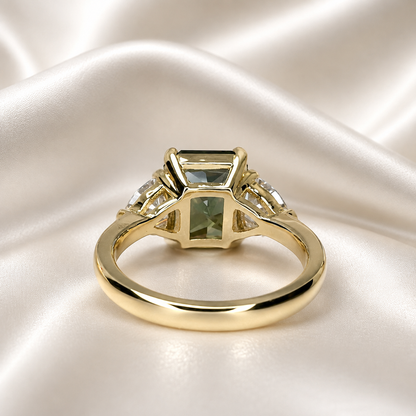 Olive Green Sapphire Ring - Radiant Cut Three Stone Engagement Ring 14k Solid Gold