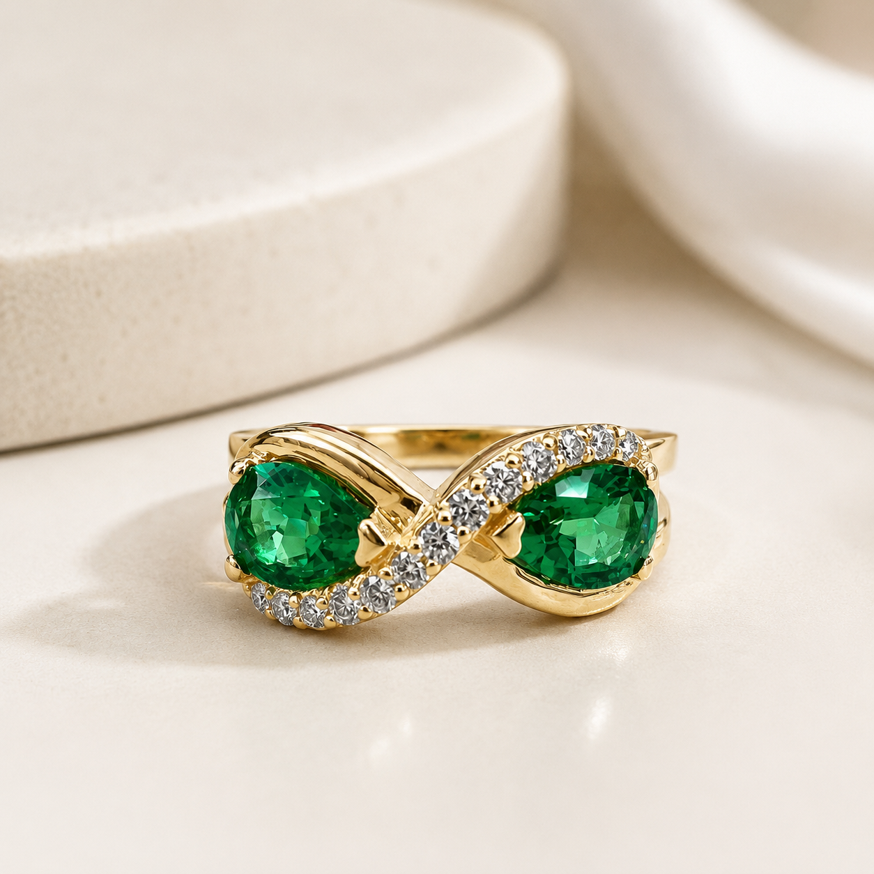 Pear Shaped Emerald Toi Et Moi Engagement Ring Yellow Gold Unique Infinity Design Pear Shape Emerald Wedding Anniversary Promise Ring #7375