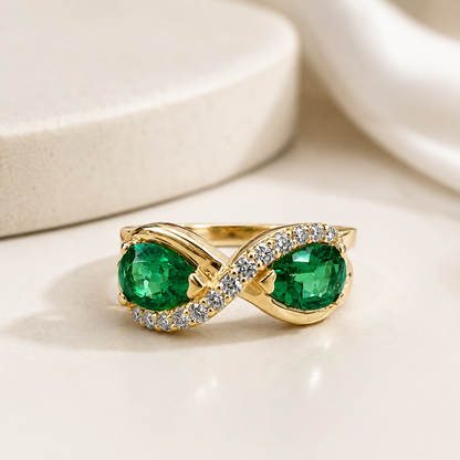Pear Shaped Emerald Toi Et Moi Engagement Ring Yellow Gold Unique Infinity Design Pear Shape Emerald Wedding Anniversary Promise Ring #7375