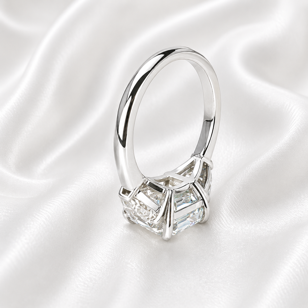Asscher Cut Engagement Ring / Moissanite Wedding Ring / Asscher and Trillion Ring / 14k White Gold