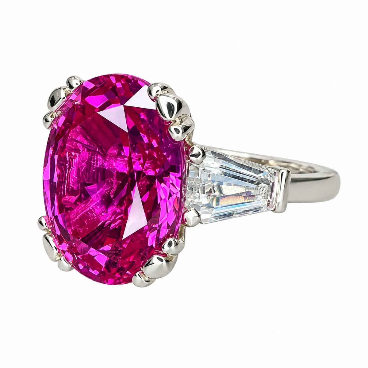 Pink Sapphire Oval Engagement Ring, 14k Yellow Gold Ring, Large Oval Engagement Ring, Three Stone Ring, Sapphire and Moissanite Ring,  #6364