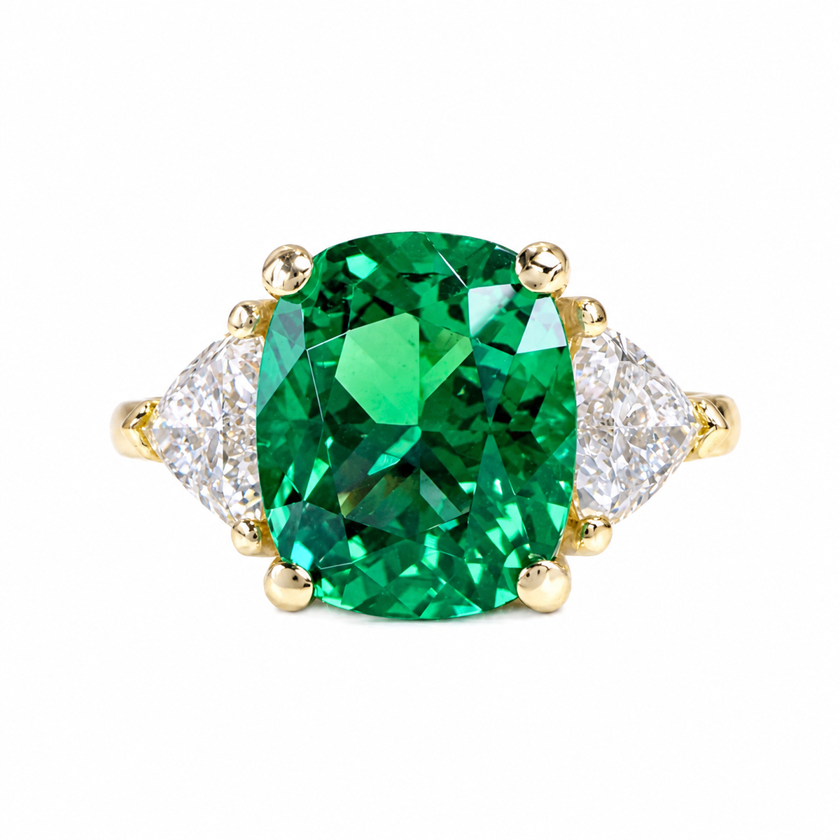 5ct cushion Cut Emerald Engagement Ring 14K Solid Gold With Trillon Accents , May Birthstone Ring , Gemstone Rings  #7345