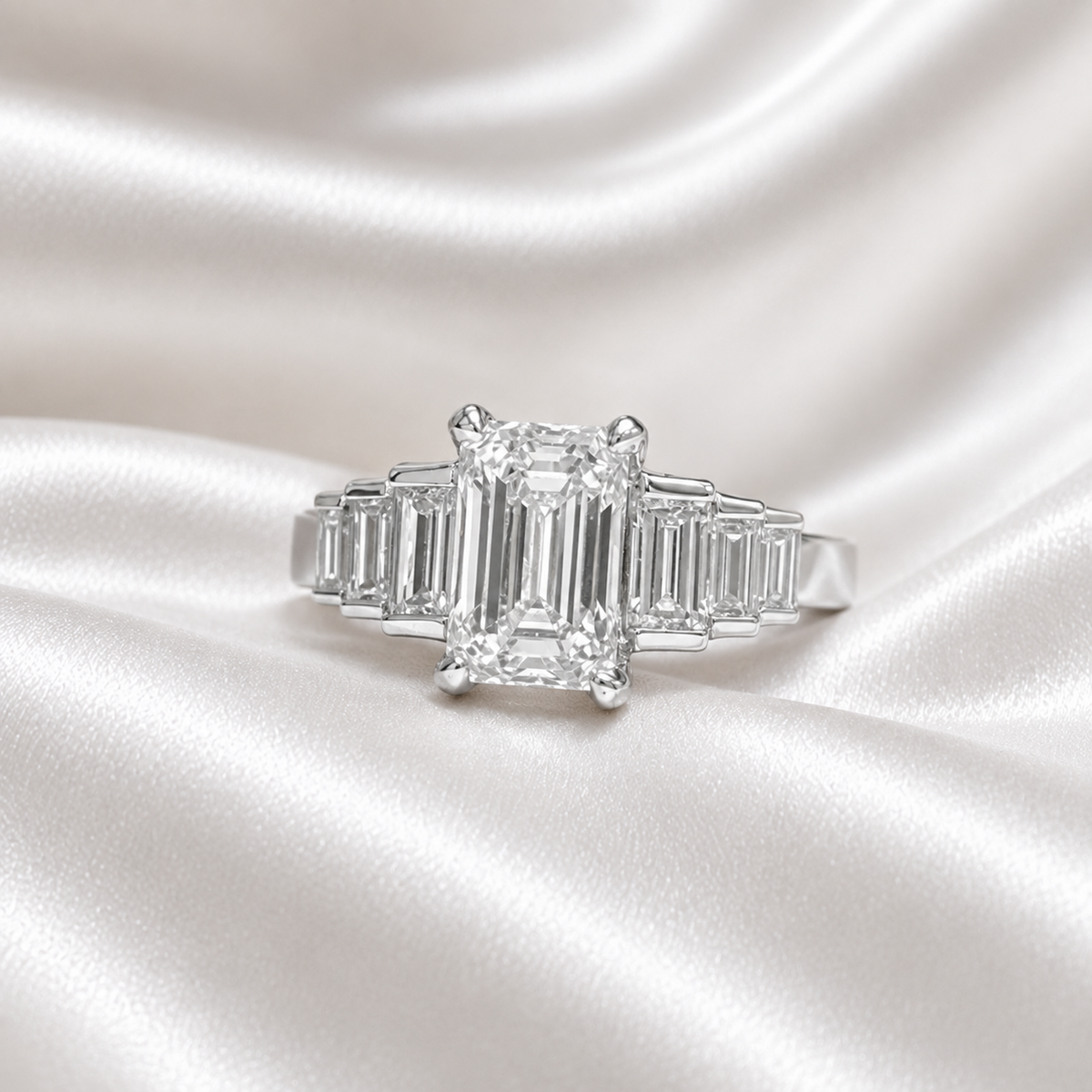 3.30 CTW 7 Stone Lab Diamond Emerald Cut Engagement Ring , Emerald Cut & Graduated Baguette Diamond Ring #8812