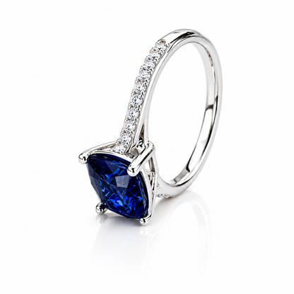 Blue sapphire cushion cut engagement ring, with round diamond accents, 2.65ctw, 14k white gold wedding ring