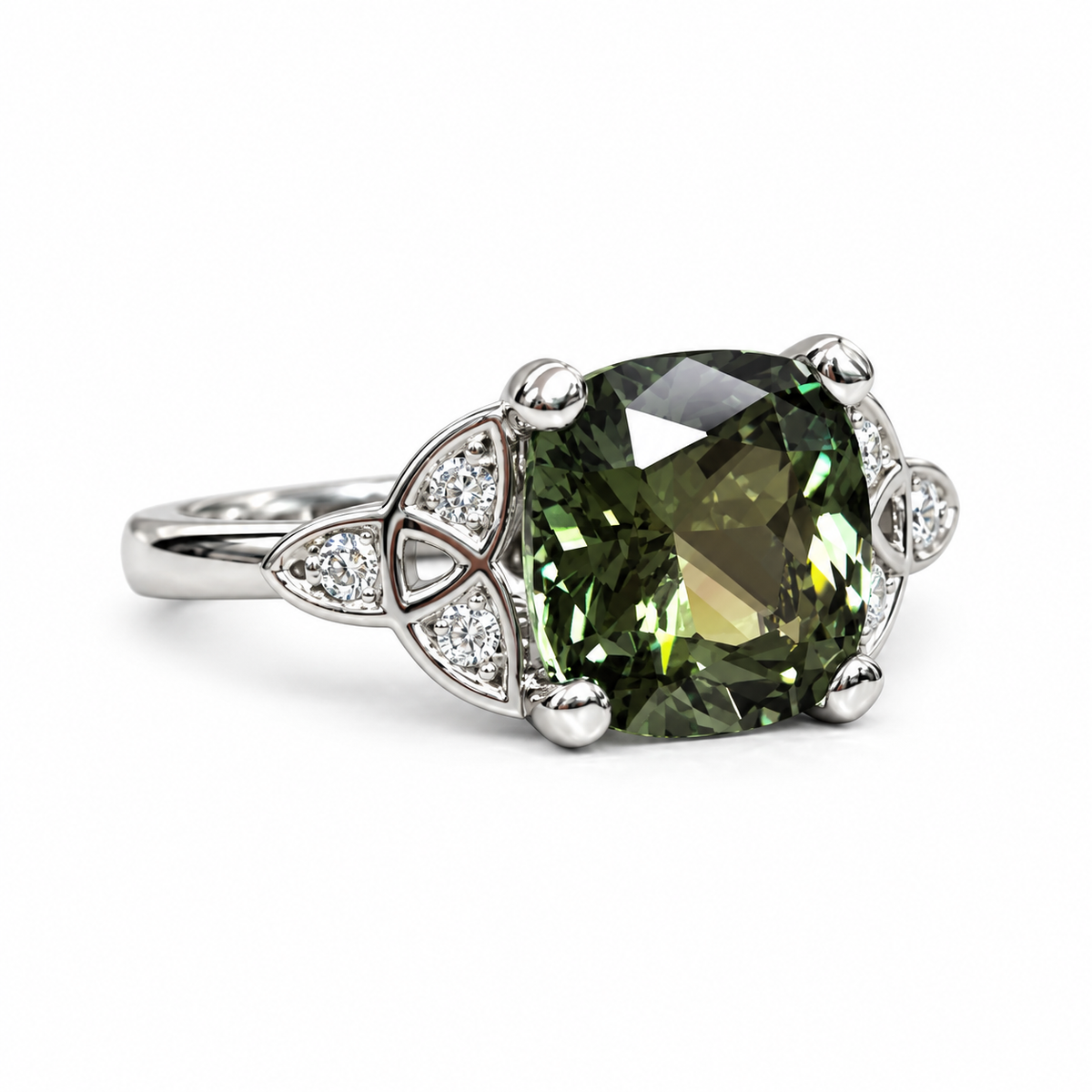 Green Sapphire Engagement Ring 14K Olive Green Cushion Cut Sapphire Celtic Engagement Ring Moissanite Celtic Gold Wedding Promise Ring #7300
