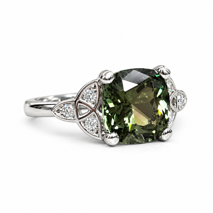 Green Sapphire Engagement Ring 14K Olive Green Cushion Cut Sapphire Celtic Engagement Ring Moissanite Celtic Gold Wedding Promise Ring #7300
