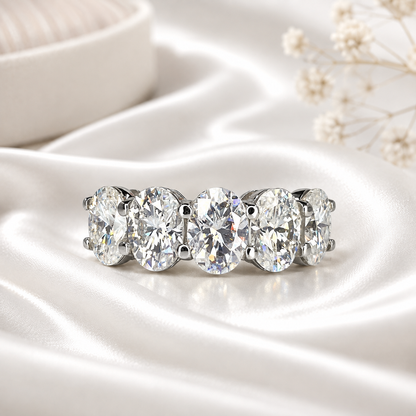 Lab grown diamond wedding band, Lab created diamond half eternity band 14k solid gold, 5 stone oval cut diamond ring, cvd diamond ring