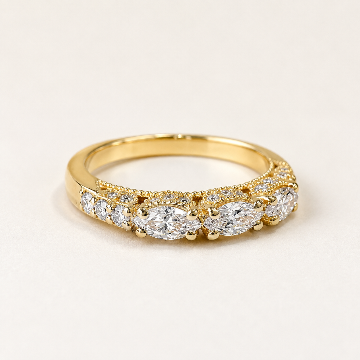 Lab Diamond Wedding Band , Unique Antique Marquis Lab Grown Diamond Stacking Band 14K Solid Gold , Half Eternity Cluster Diamond Ring #8832