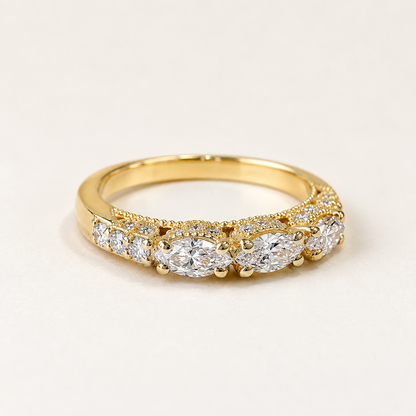 Lab Diamond Wedding Band , Unique Antique Marquis Lab Grown Diamond Stacking Band 14K Solid Gold , Half Eternity Cluster Diamond Ring #8832