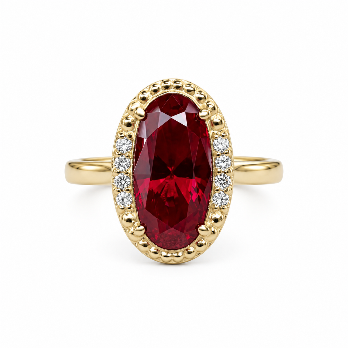 Elongated Oval Ladies Ring / Red Ruby Engagement Ring / Diamond And Ruby Wedding Ring / Anniversary Gift / 14k Yellow Gold / #6220