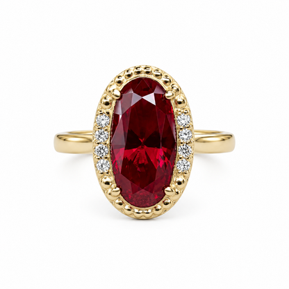 Elongated Oval Ladies Ring / Red Ruby Engagement Ring / Diamond And Ruby Wedding Ring / Anniversary Gift / 14k Yellow Gold / #6220