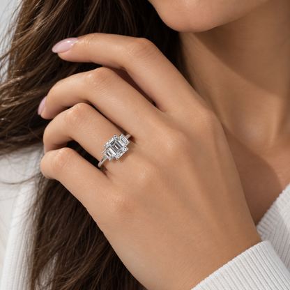 Emerald Cut Moissanite Engagement Ring, Three Stone Emerald Cut Anniversary Ring, 14k Solid White Gold 3.00ctw Wedding Ring For Ladies #5194