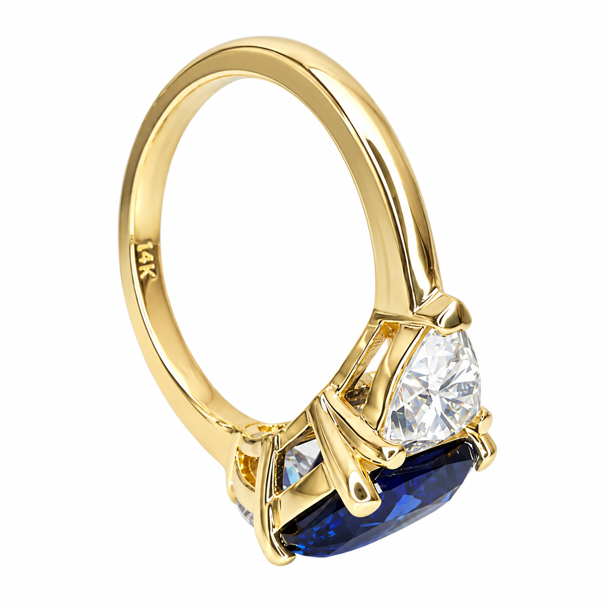 3.30. CT Elongated Cushion Cut Blue Sapphire Engagement Ring and Moissanite Trillion Accents, Blue Sapphire and Moissanite Ring  14K White Gold #6800