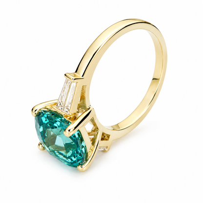 Blue Paraiba Tourmaline Cushion Moissanite Baguettes Engagement Ring  Three Stone Paraiba Tourmaline Anniversary Promise Wedding Ring
