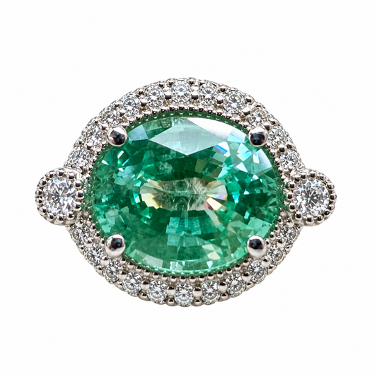 East West Vintage Oval Halo Green Paraiba Engagement Ring  White Gold Unique Vintage Wedding Promise Anniversary  Bridal Ladies Ring   #7416