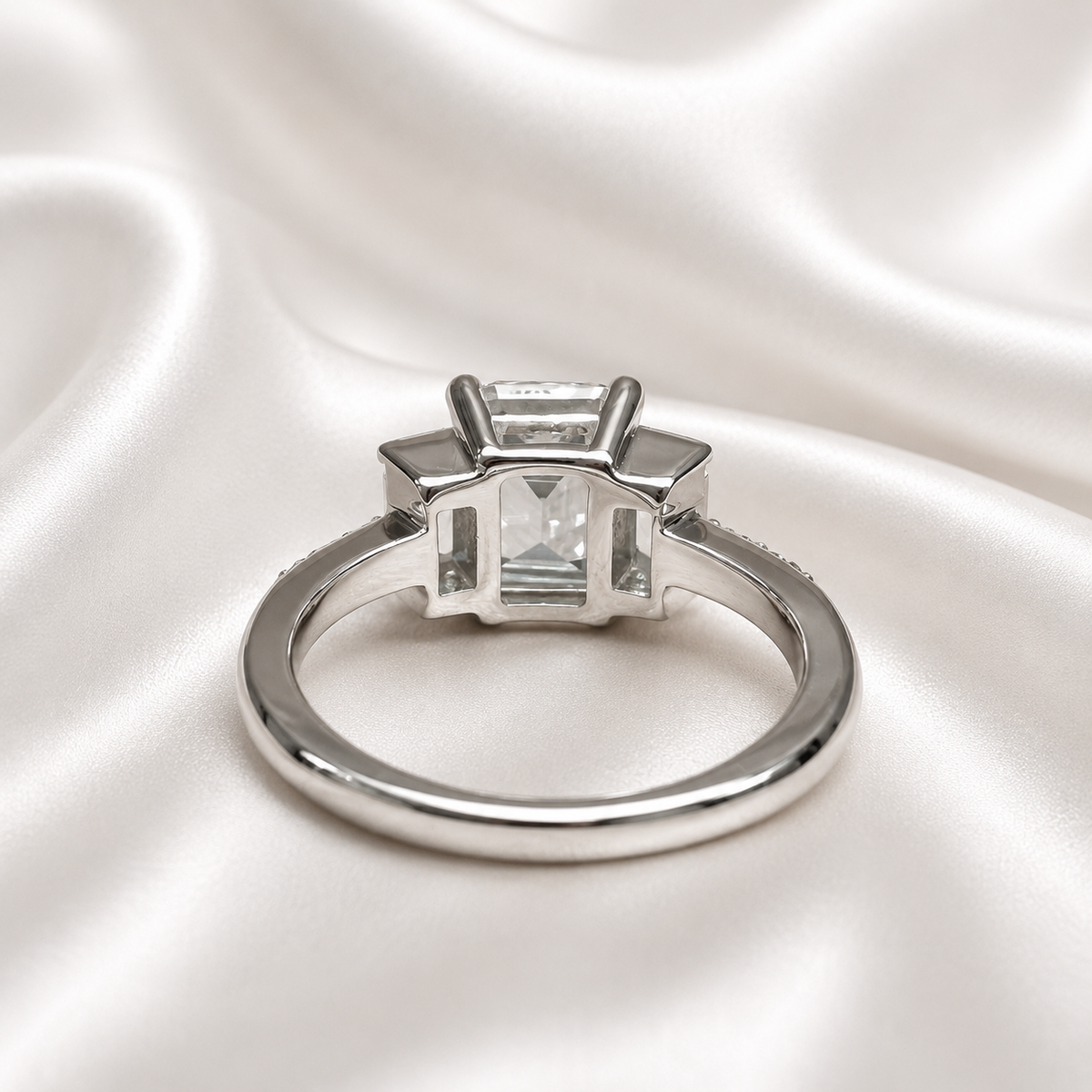 Moissanite Emerald Cut Engagement Ring With Emerald Cut Sides And Round Accents, Three Stone Engagement Ring, 14K White Gold #4660 #6883