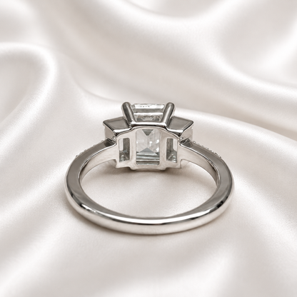 Moissanite Emerald Cut Engagement Ring With Emerald Cut Sides And Round Accents, Three Stone Engagement Ring, 14K White Gold #4660 #6883