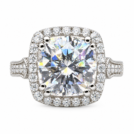 Moissanite Engagement Ring 14k White Gold , Cushion Cut Moissanite Promise Ring For Her , Unique Vintage Halo Anniversary Bridal Ring  #7333