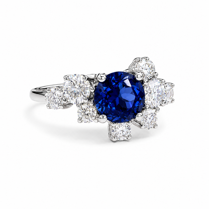 Blue Sapphire and Lab Diamond Geometric Ring 14K Solid Gold, Blue Sapphire Cluster Ring September Birthstone #8800