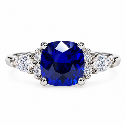 Cushion Cut Blue Sapphire Engagement Ring 14K White Gold, Blue Sapphire Ring For Women Solid White Gold, Sapphire and Moissanite Ring, #7157