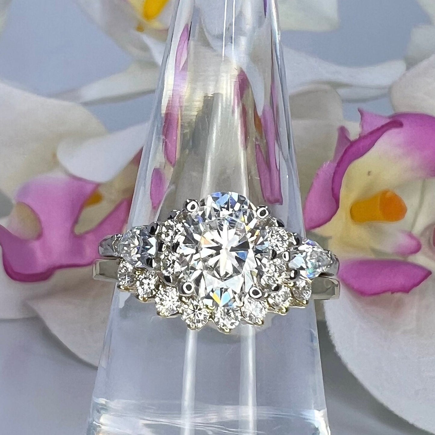 Lab Grown Diamond Ring - 14k Gold Oval Cut Cluster Engagement Ring IGI Certified #8144