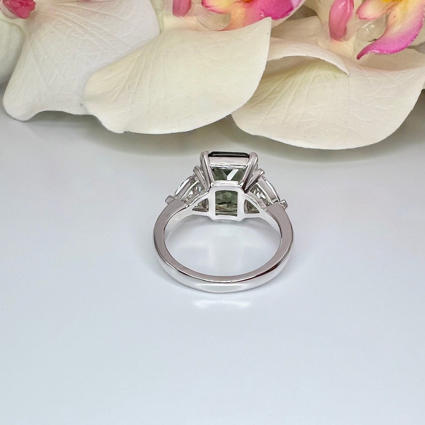 Radiant Cut Olive Green Sapphire Engagement Ring With Trillion Moissanite Accents 14k Solid Gold Three Stone Unique Olive Green Ring #8480