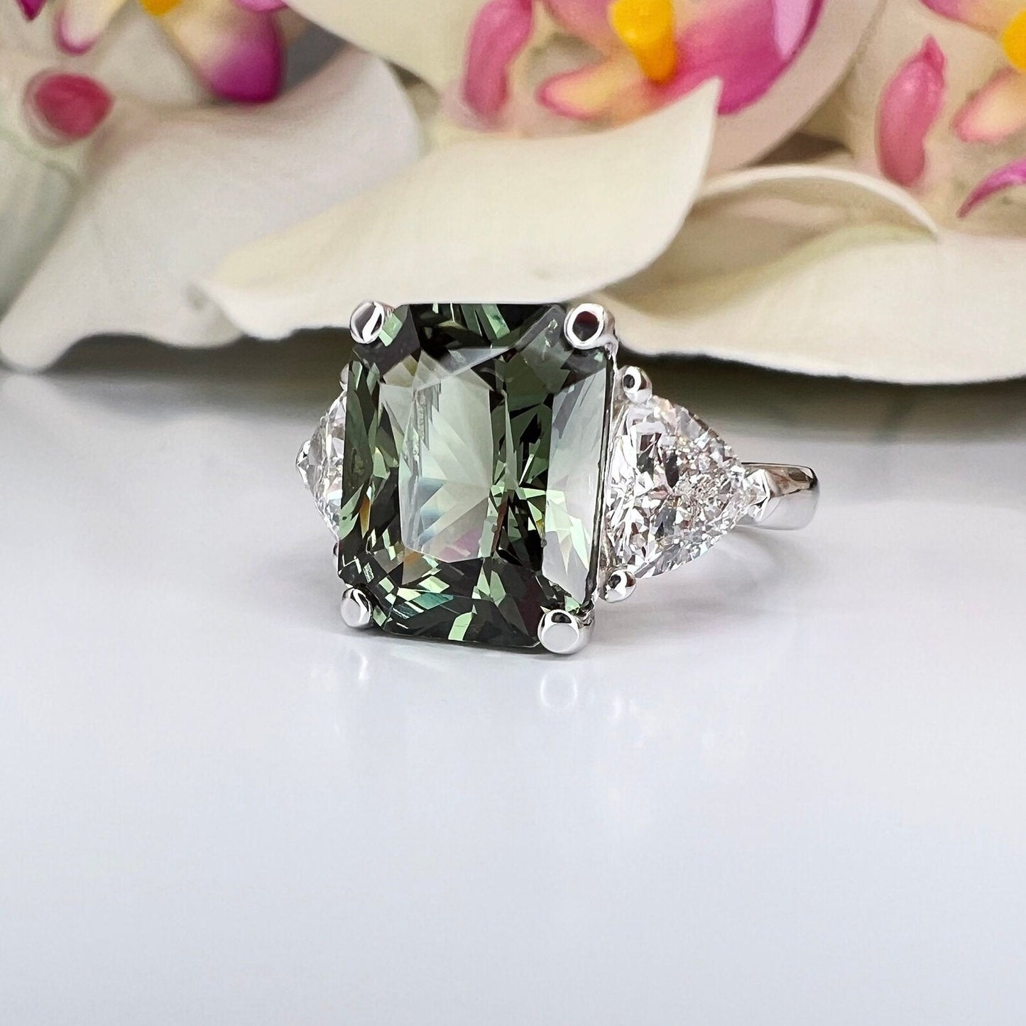 Radiant Cut Olive Green Sapphire Engagement Ring With Trillion Moissanite Accents 14k Solid Gold Three Stone Unique Olive Green Ring #8480