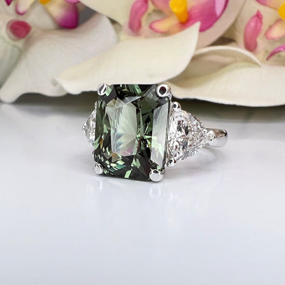 Radiant Cut Olive Green Sapphire Engagement Ring With Trillion Moissanite Accents 14k Solid Gold Three Stone Unique Olive Green Ring #8480