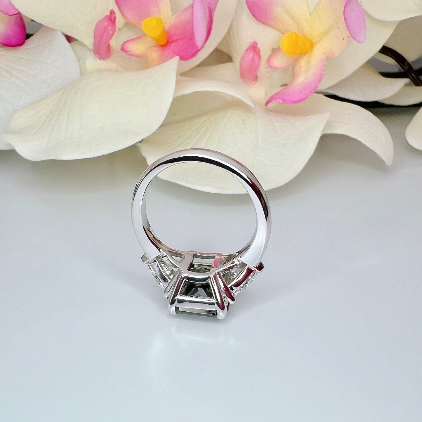 Radiant Cut Olive Green Sapphire Engagement Ring With Trillion Moissanite Accents 14k Solid Gold Three Stone Unique Olive Green Ring #8480