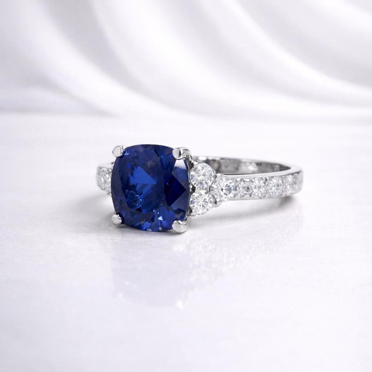 Blue Sapphire Ring 14K White Gold, September Birthstone Wedding Ring, Cushion Cut Blue Sapphire Engagement Ring, Unique Sapphire Ring