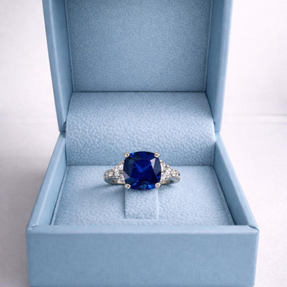 Blue Sapphire Ring 14K White Gold, September Birthstone Wedding Ring, Cushion Cut Blue Sapphire Engagement Ring, Unique Sapphire Ring