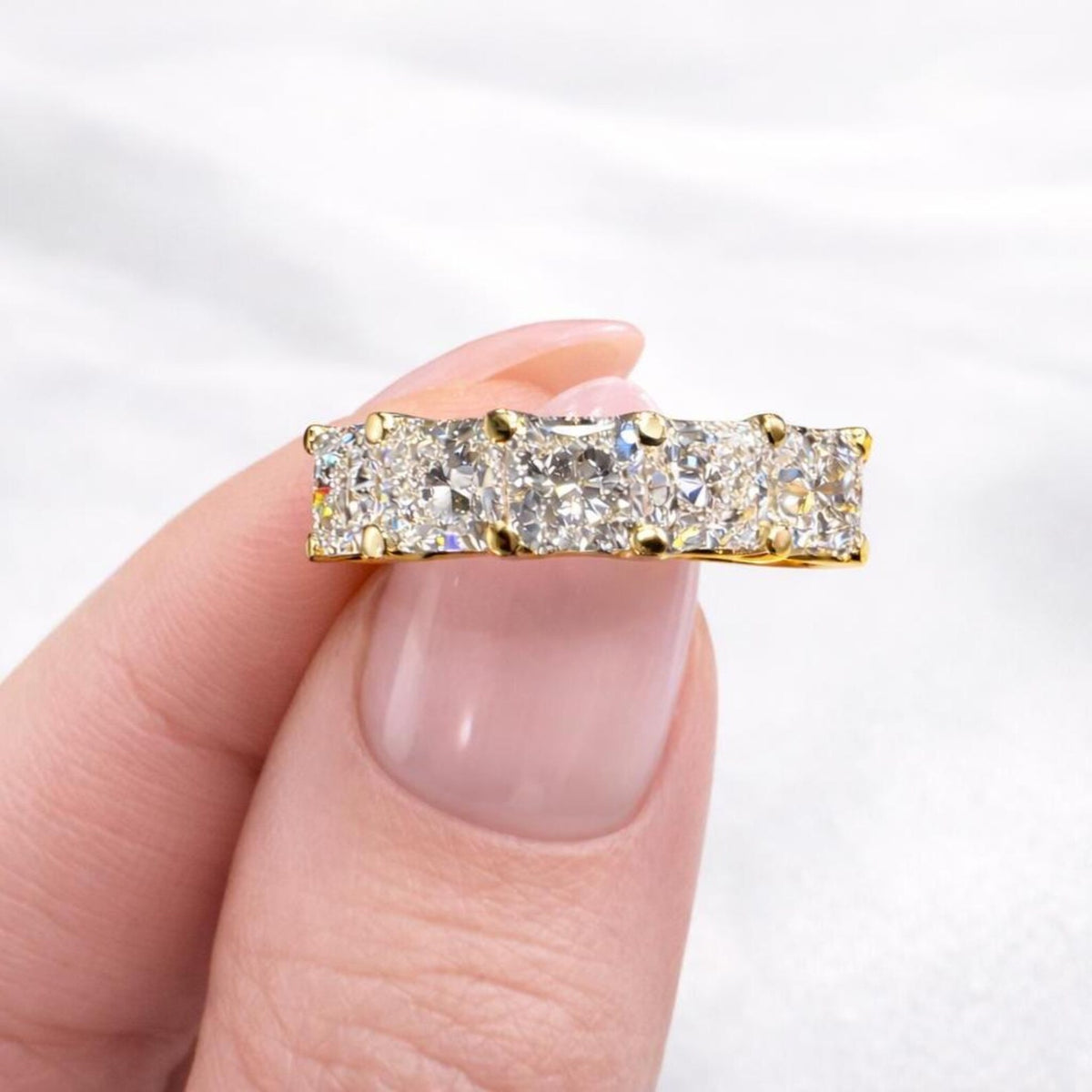 Lab grown diamond wedding band, Lab created diamond half eternity band 14k solid gold, 5 stone radiant diamond ring, cvd diamond ring