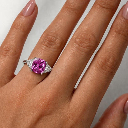 Elongated Cushion Cut Pink Sapphire Engagement Ring, October Birthstone Ring 14K Solid Gold, Three Stone wedding Ring, #8931