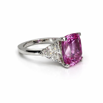 Elongated Cushion Cut Pink Sapphire Engagement Ring, October Birthstone Ring 14K Solid Gold, Three Stone wedding Ring, #8931