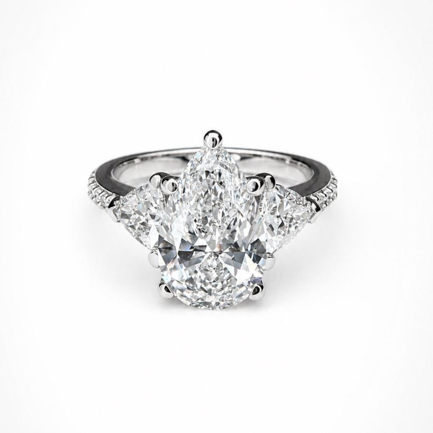 Pear Shaped Lab Grown Diamond Engagement Ring, Three Stone Diamond Ring in 14K White Gold, Luxury Bridal Ring for Women #8948