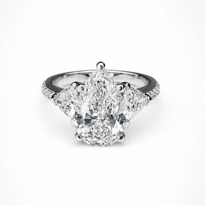 Pear Shaped Lab Grown Diamond Engagement Ring, Three Stone Diamond Ring in 14K White Gold, Luxury Bridal Ring for Women #8948