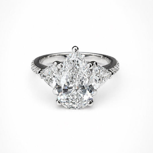 Pear Shaped Lab Grown Diamond Engagement Ring, Three Stone Diamond Ring in 14K White Gold, Luxury Bridal Ring for Women #8948