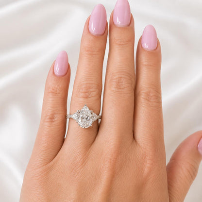 Pear Shaped Lab Grown Diamond Engagement Ring, Three Stone Diamond Ring in 14K White Gold, Luxury Bridal Ring for Women #8948