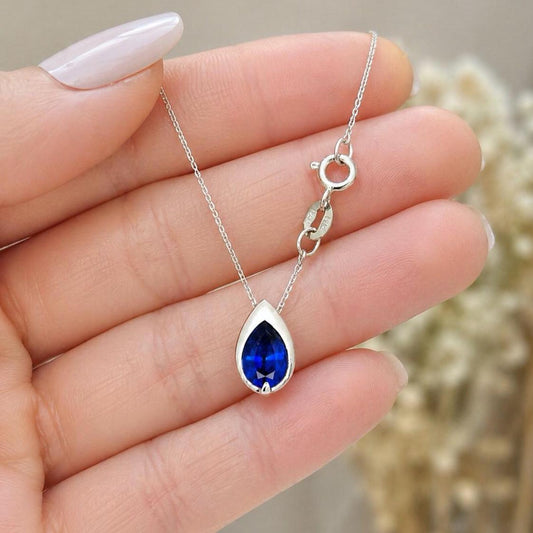 1.50 CTW Blue Sapphire Pear Necklace, 14K Gold Teardrop Pendant, Dainty Minimal Necklace, September Birthstone Jewelry, #8938