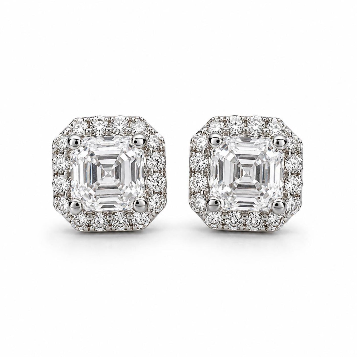 Asscher Cut Lab Grown Diamond Stud Earrings, Halo Diamond Earrings, 14K Solid Gold Earrings, Square Diamond Studs For Women #8954