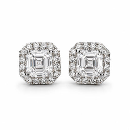 Asscher Cut Lab Grown Diamond Stud Earrings, Halo Diamond Earrings, 14K Solid Gold Earrings, Square Diamond Studs For Women #8954