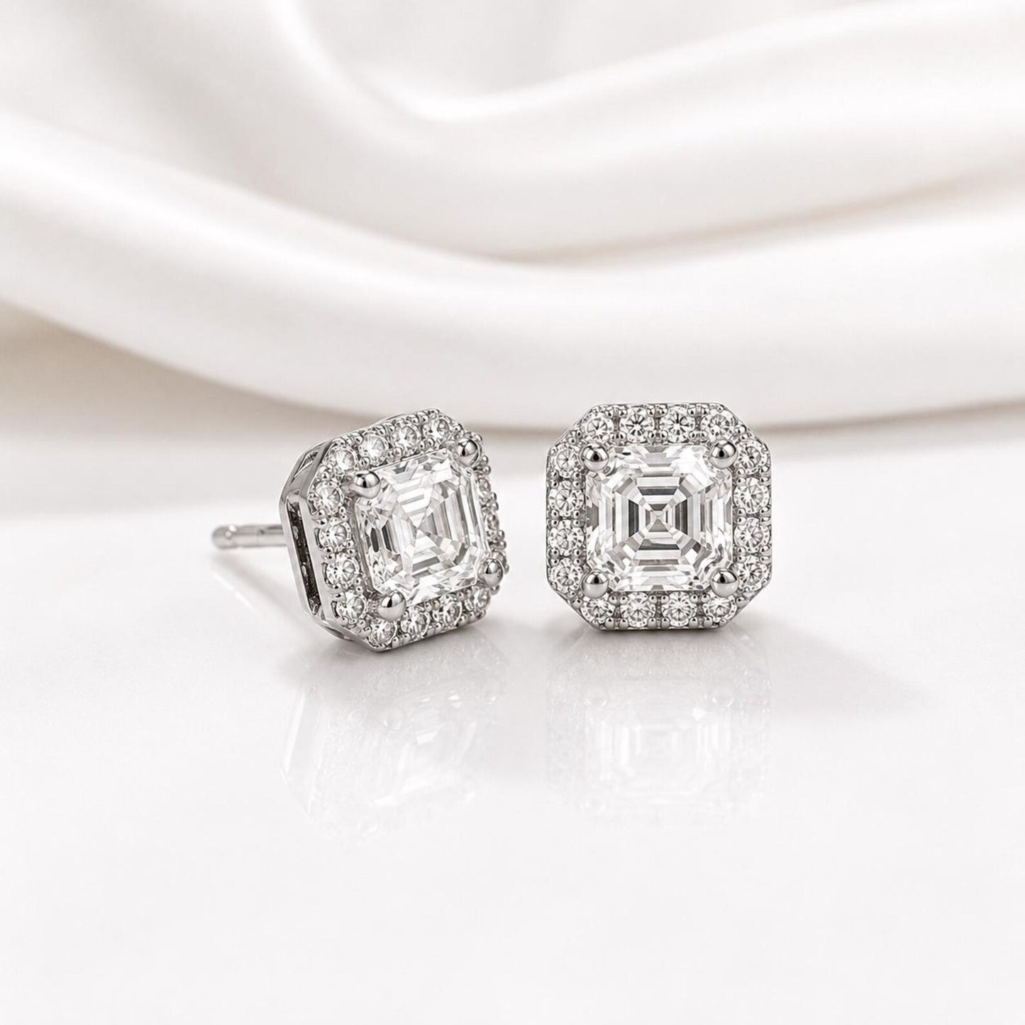 Asscher Cut Lab Grown Diamond Stud Earrings, Halo Diamond Earrings, 14K Solid Gold Earrings, Square Diamond Studs For Women #8954