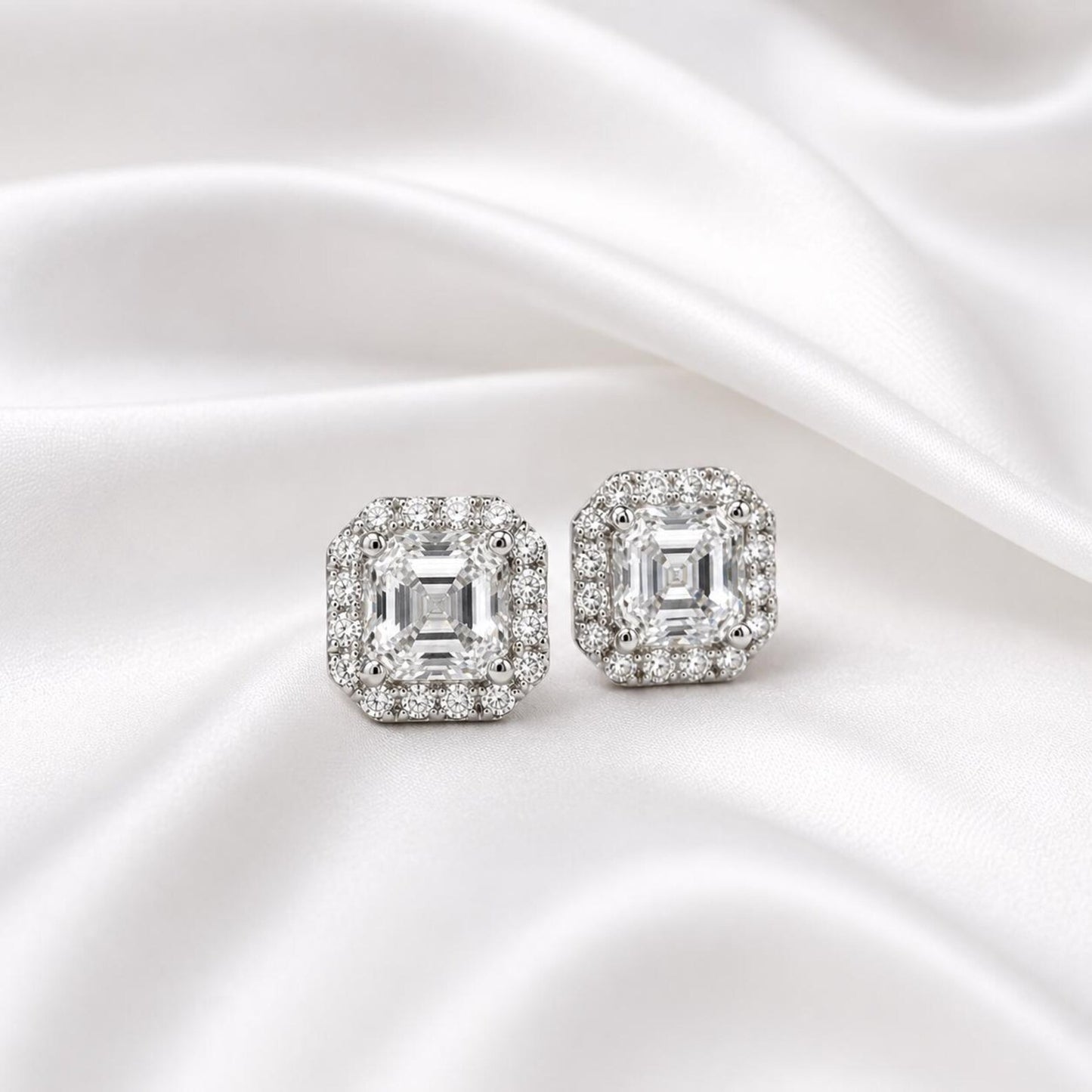 Asscher Cut Lab Grown Diamond Stud Earrings, Halo Diamond Earrings, 14K Solid Gold Earrings, Square Diamond Studs For Women #8954