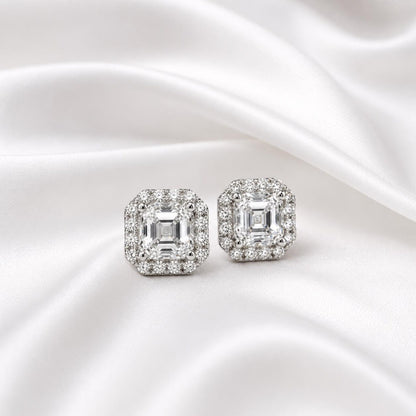 Asscher Cut Lab Grown Diamond Stud Earrings, Halo Diamond Earrings, 14K Solid Gold Earrings, Square Diamond Studs For Women #8954