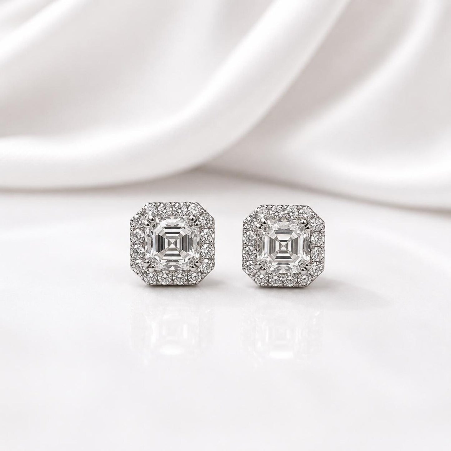 Asscher Cut Lab Grown Diamond Stud Earrings, Halo Diamond Earrings, 14K Solid Gold Earrings, Square Diamond Studs For Women #8954