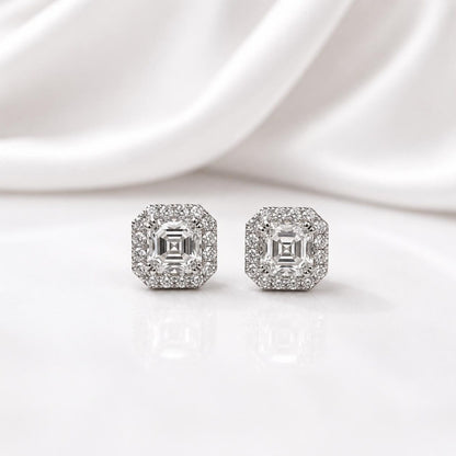 Asscher Cut Lab Grown Diamond Stud Earrings, Halo Diamond Earrings, 14K Solid Gold Earrings, Square Diamond Studs For Women #8954